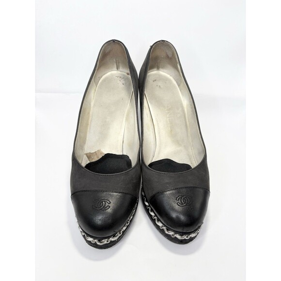 Chanel Black Platform Pumps w/ White Chain Detail Black Suede Cap Toe Heels 36 6 - Picture 3 of 15